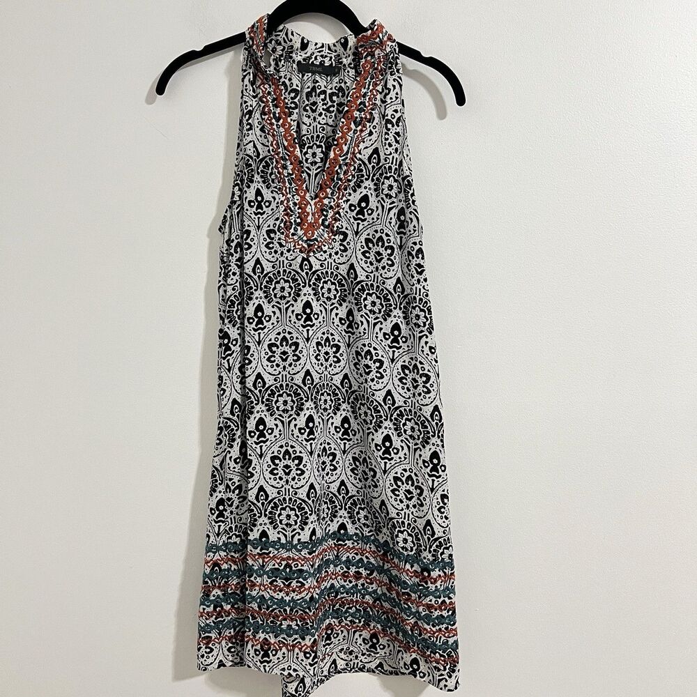 THML Dress Size S White Embroidered Halter Tunic Boho Y Neck Mixed Print Resort